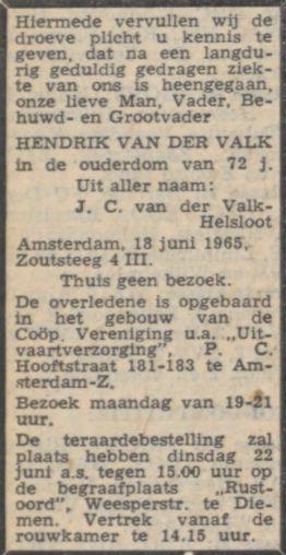 Hendrik van der Valk overlijdesadvertentie