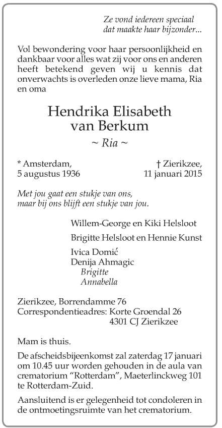 Hendrika Elisabeth van Berkum overlijdensadvertentie