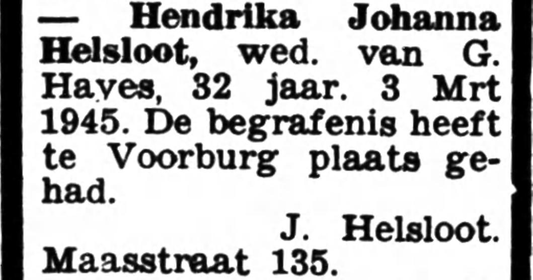 Hendrika Johanna Helsloot 1913 overlijdensadvertentie