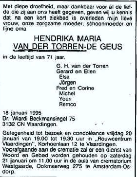 Hendrika Maria de Geus overlijdensadvertentie