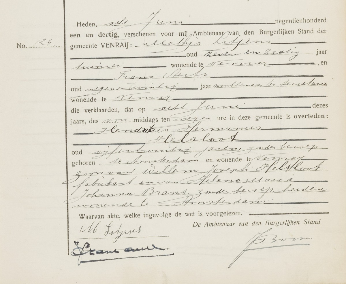 Hendrikus Hermanus Helsloot 1906 overlijdenseakte