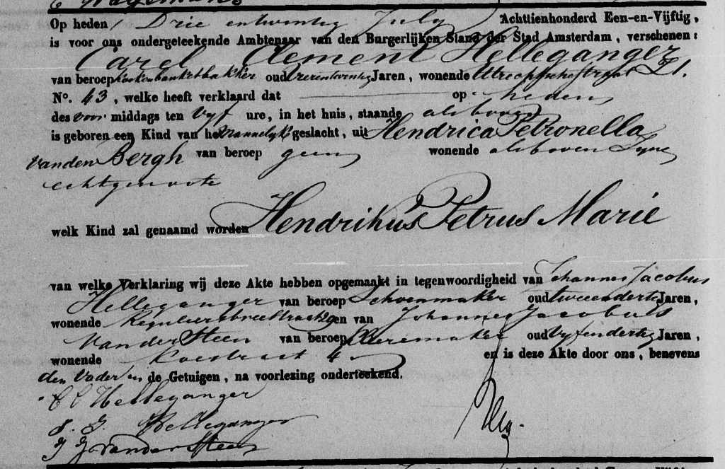 Hendrikus Petrus Marie Helleganger 1851 geboorteakte