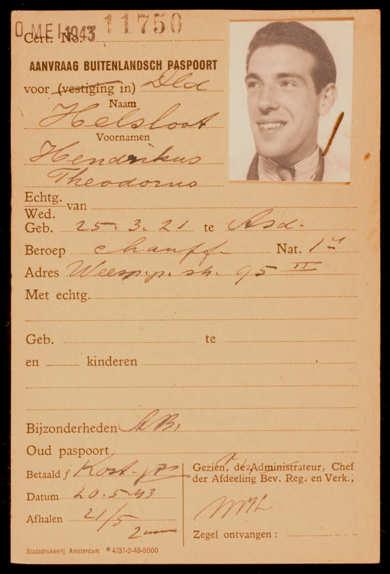Hendrikus Theodorus Helsloot 1921 paspoortaanvragen ’40-’45