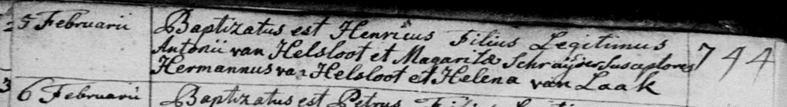 Hendrikus van Helsloot 1766 doopboek
