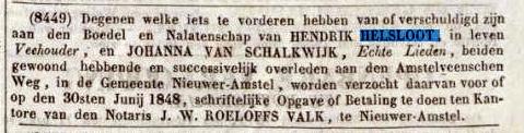 Henricus Helsloot 1799 oproep vordering op boedel ; Algemeen Handelsblad 10-6-1848