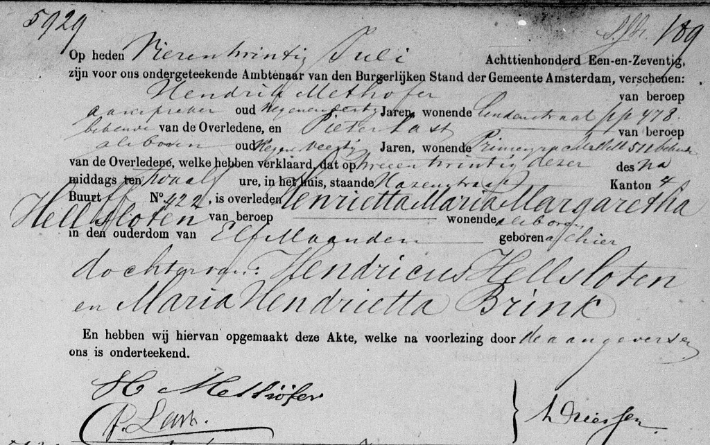 Henrietta Maria Margaretha Hellsloten overlijdensakte