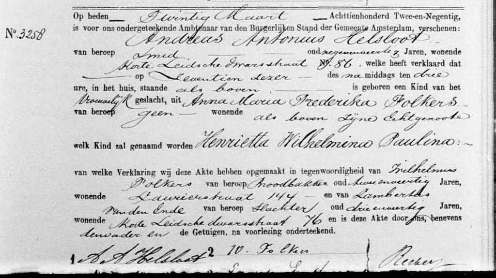 Henrietta Wilhelmina Paulina Helsloot 1892 geboortekakte