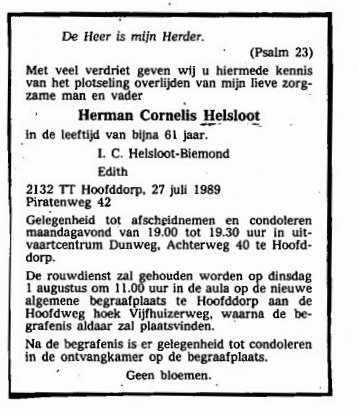 Herman Cornelis Helsloot 1928 overlijdensadvertentie