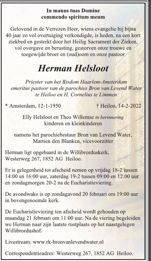 Hermanus Gerardus Ignatius Helsloot 1950 overlijdensadvertentie