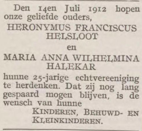 Hironimus Franciscus Helsloot 1867 huwelijksjubileumadvertentie