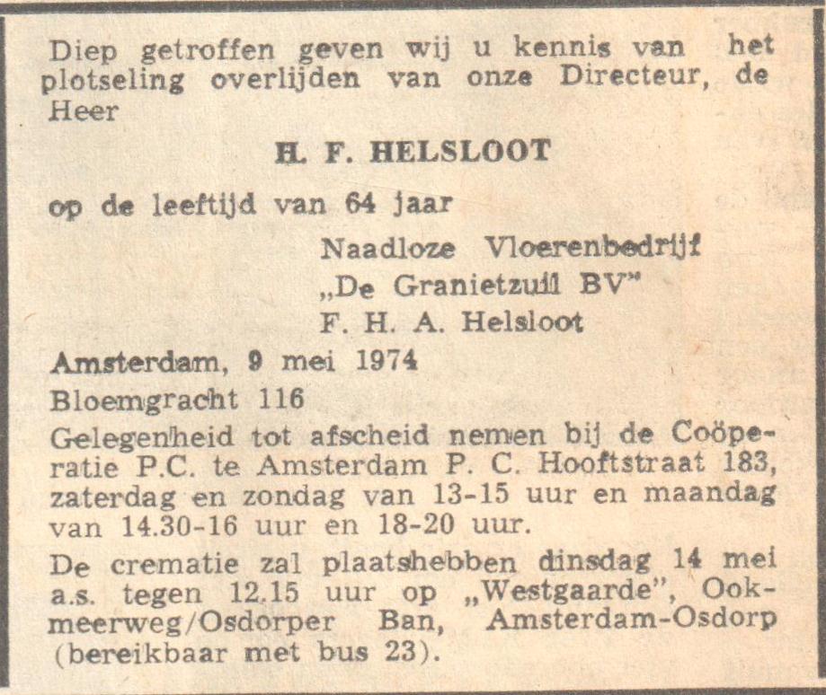 Hironimus Franciscus Helsloot 1910 overlijdensadvertentie