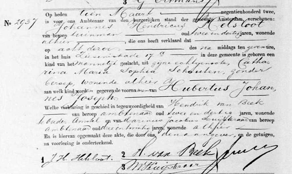 Hubertus Johannes Joseph Helsloot 1902 geboorteakte