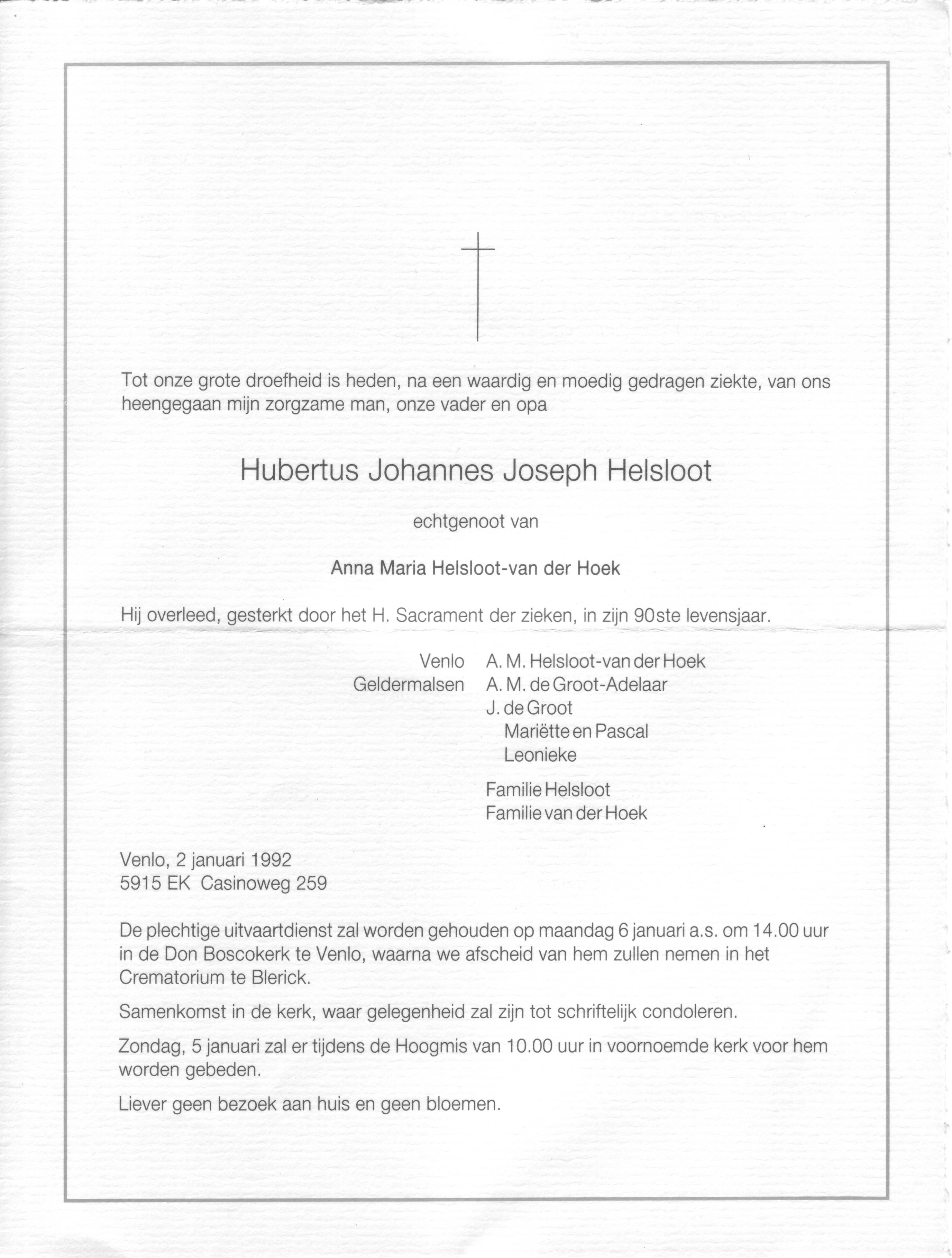Hubertus Johannes Joseph Helsloot rouwkaart