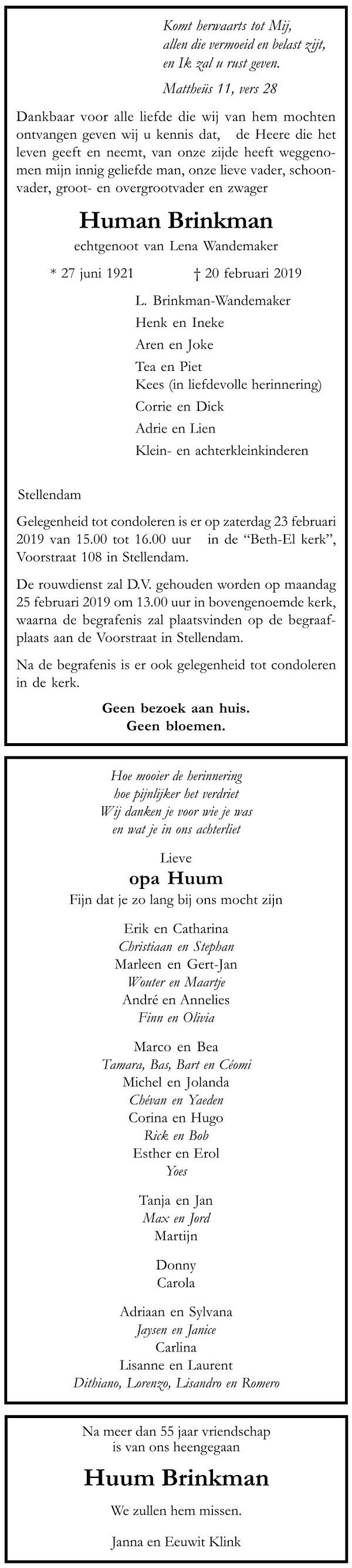 Human Brinkman 1921 overlijdensadvertentie