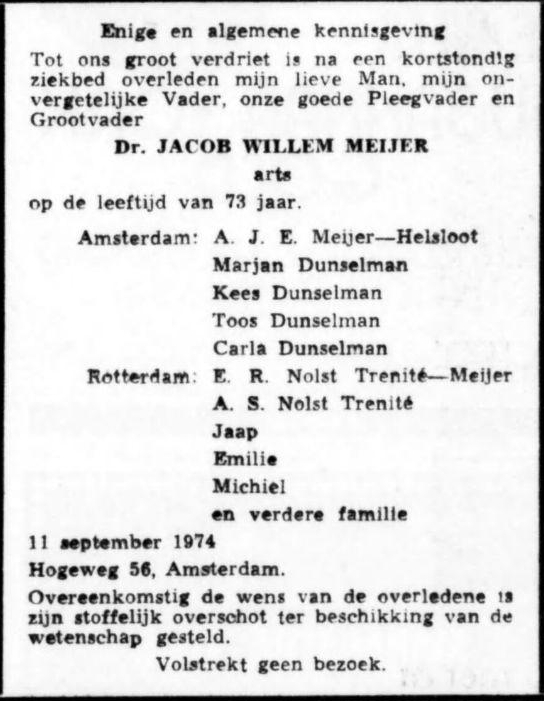 Jacob Willem Meijer overlijdensadvertentie