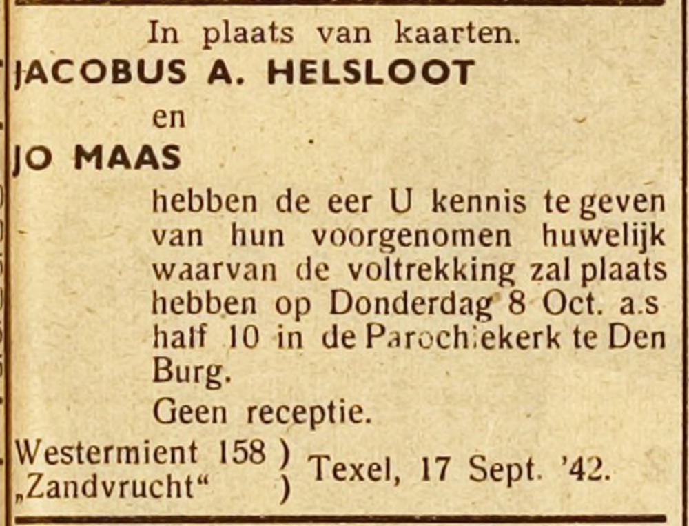 Jacobus Anne Helsloot 1915 huwelijksadvertentie