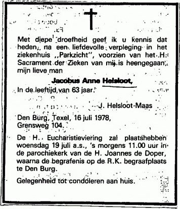 Jacobus Anne Helsloot 1915 overlijdensadvertentie