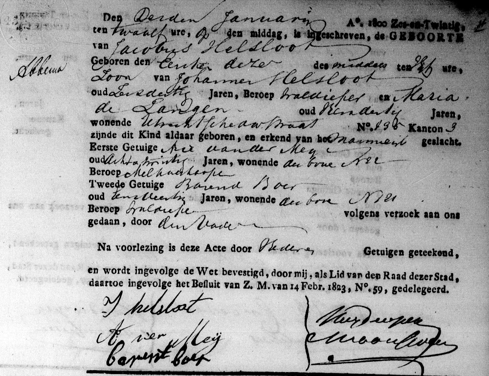 Jacobus Helsloot 1826 geboorteakte