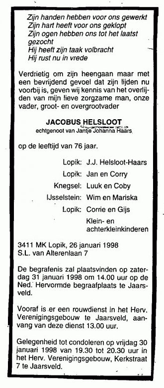 Jacobus Helsloot 1921 overlijdensadvertentie