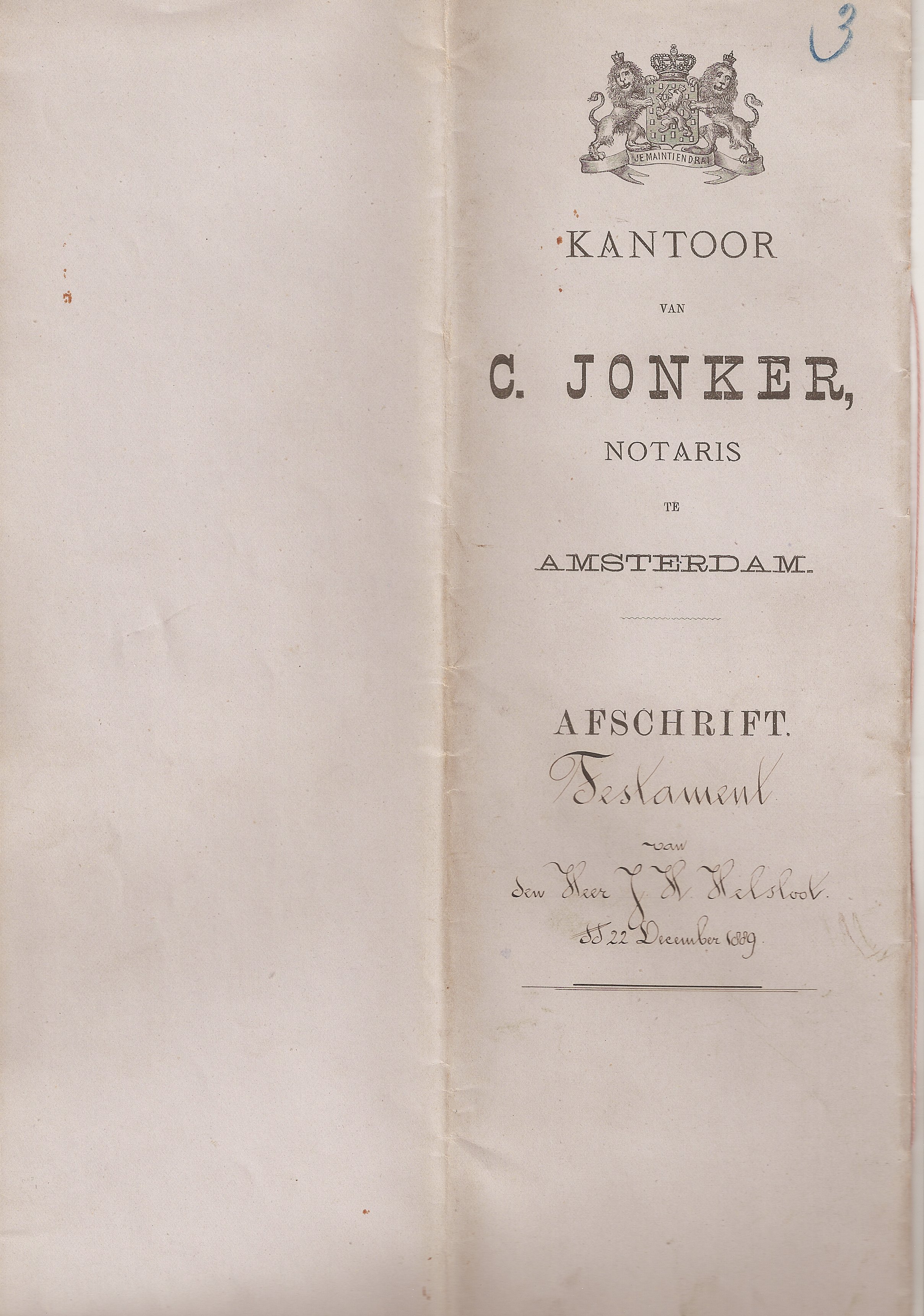 Jacobus Hendricus Helsloot 1830 testament 1889 I