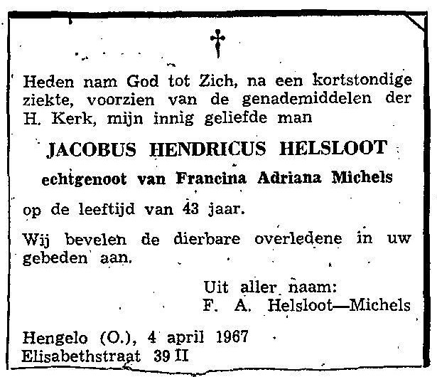 Jacobus Hendricus Helsloot 1923 overlijdensadvertentie