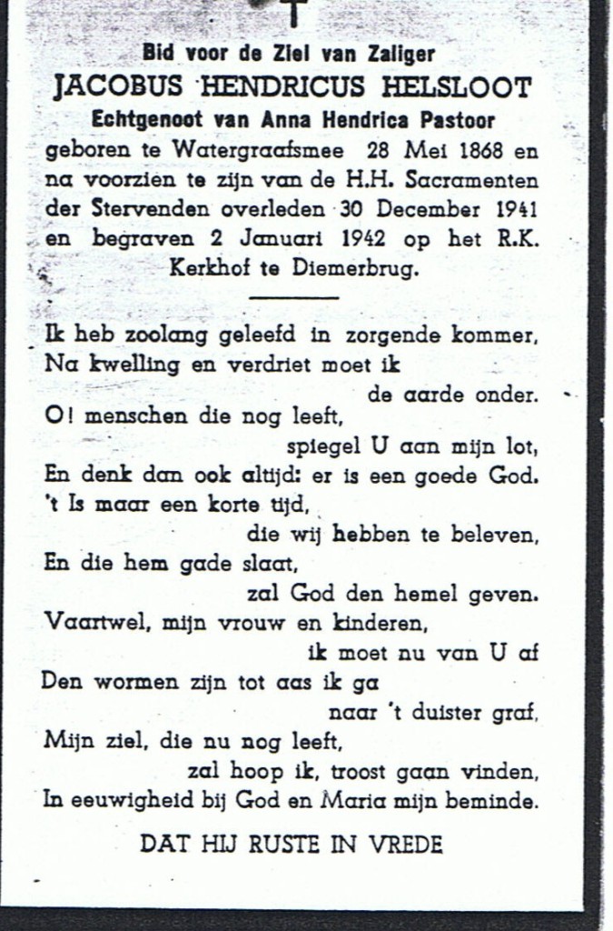 Jacobus Hendrikus Helsloot 1868 bidprentje