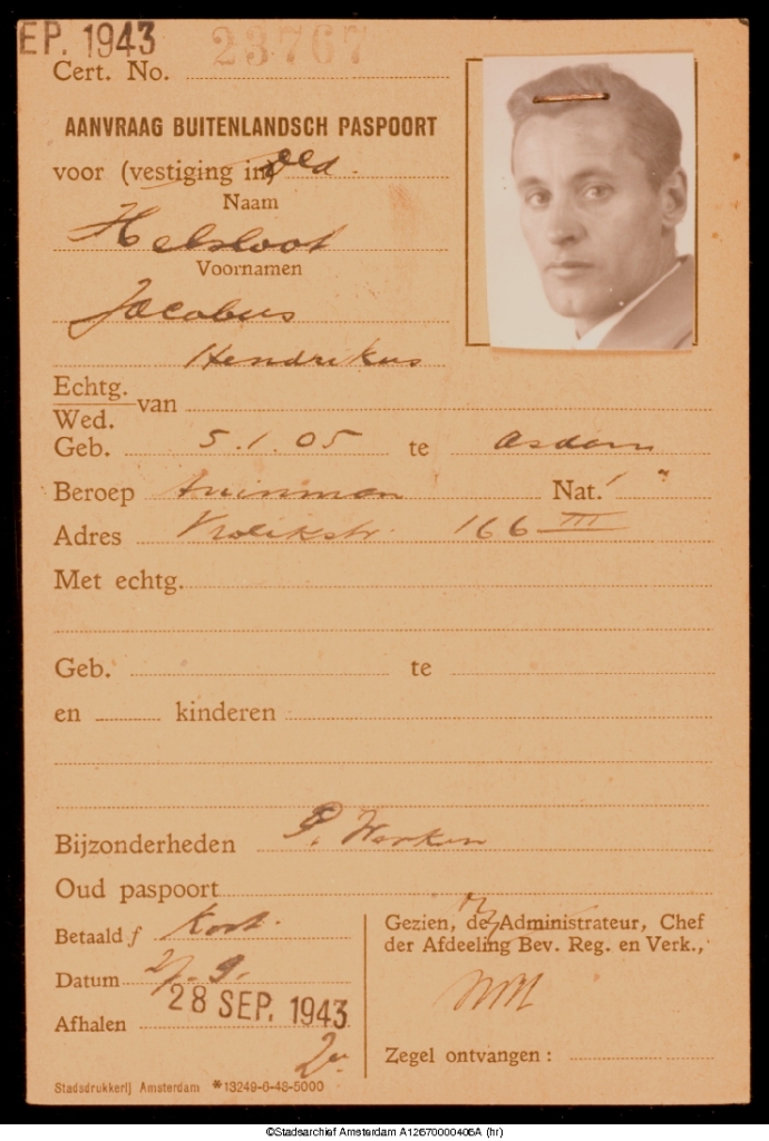 Jacobus Hendrikus Helsloot 1905 paspoort 1943 I