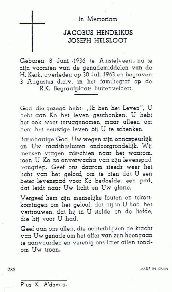 Jacobus Hendrikus Joseph Helsloot 1936 bidprentje