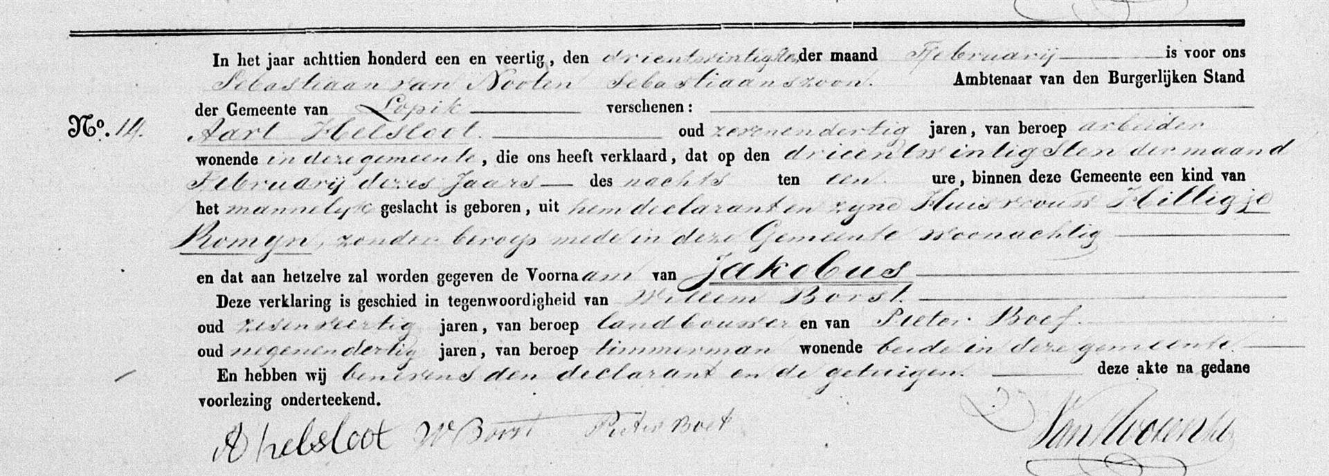 Jakobus Helsloot 1841 geboorteakte