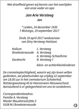 Jan Arie Versteeg overlijdensadvertentie