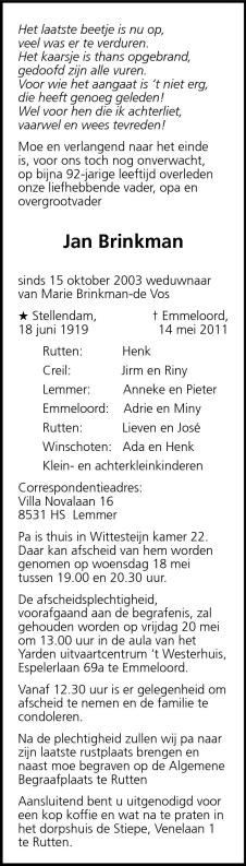 Jan Brinkman 1919 overlijdensadvertentie