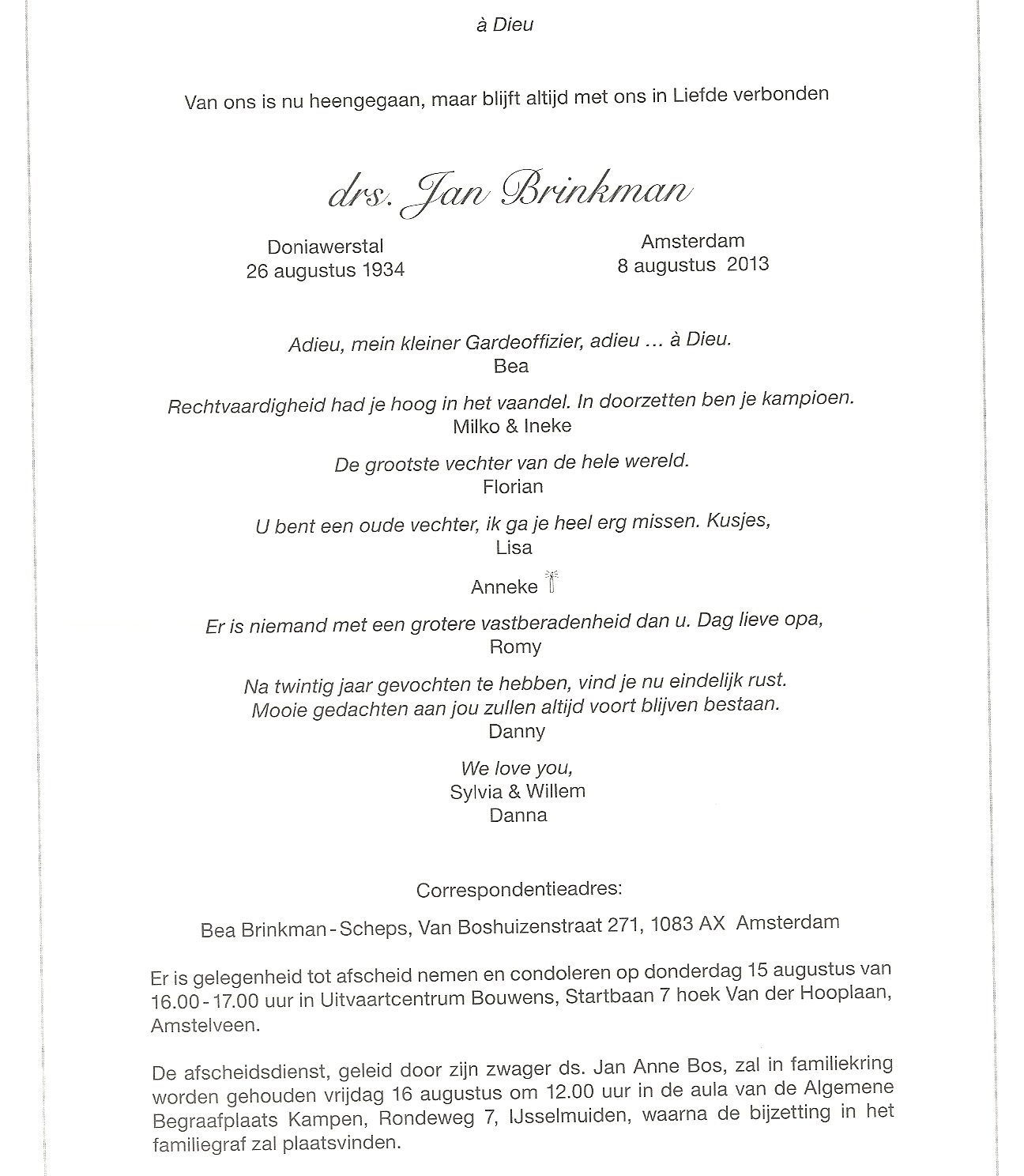 Jan Brinkman 1934 rouwkaart