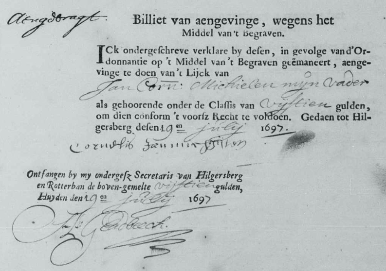 Jan Cornelisz Michielen impost op begraven