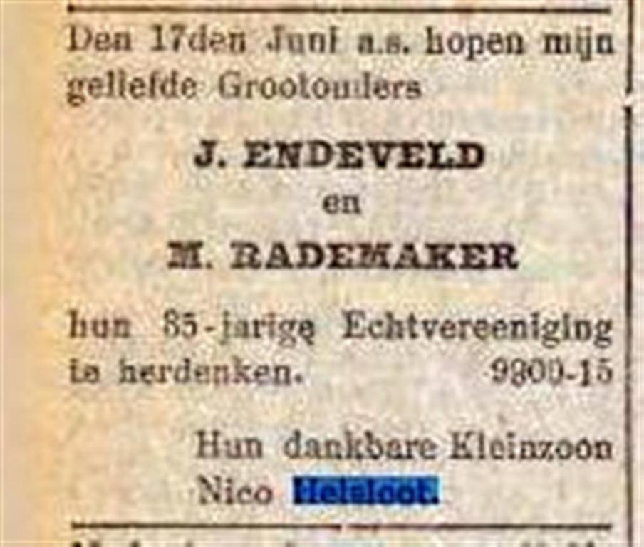 Jan Endeveld en Maartje Rademaker huwelijksjubileumadvertentie 10-6-1926