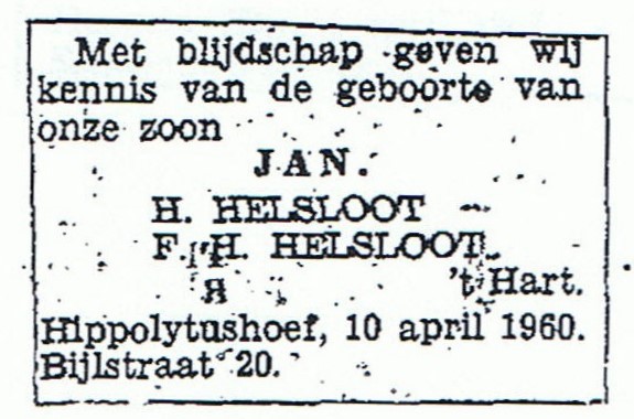 Jan Helsloot 1960 geboorteadverentie