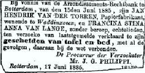 Jan Hendrik van der Torren 1842 aankondiging scheiding tafel en bed I