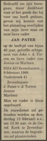 Jan Pater overlijdensadvertentie