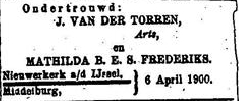 Jan van der Torren 1875 ondertrouwadvertentie