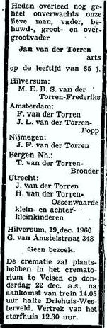 Jan van der Torren 1875 overlijdensadvertentie