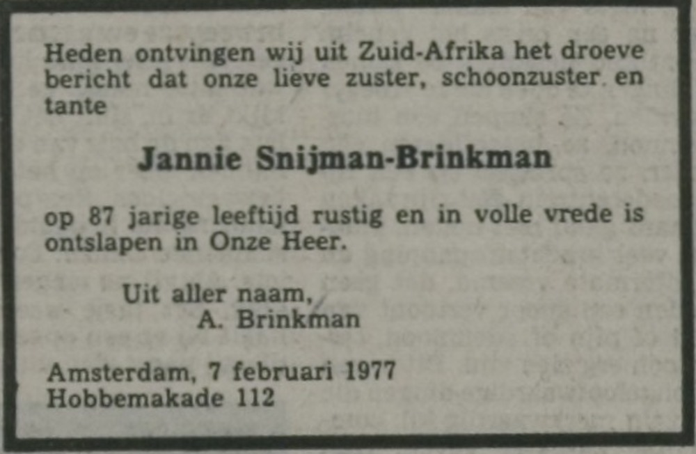 Jannetje Brinkman overlijdensadvertentie