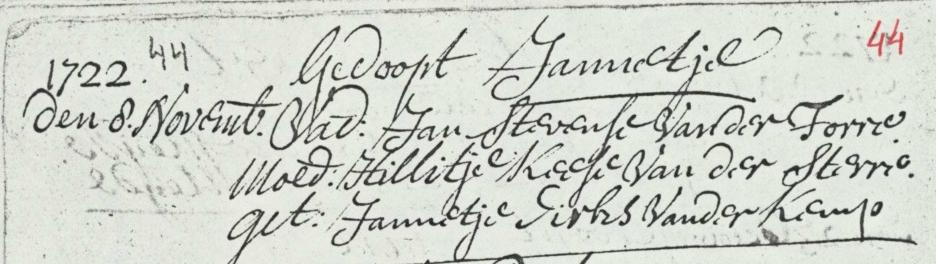 Jannetje van der Torre 1722 doopboek