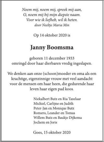 Janny Boomsma overlijdensadvertentie