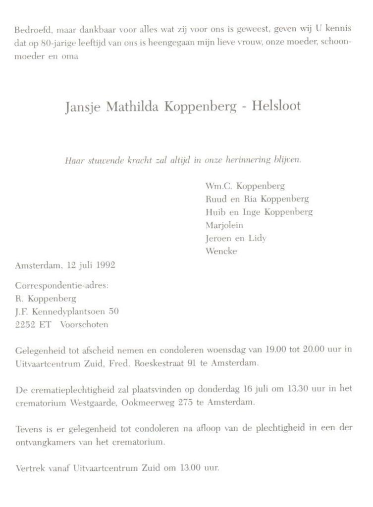 Jansje Mathilda Helsloot 1911 rouwkaart