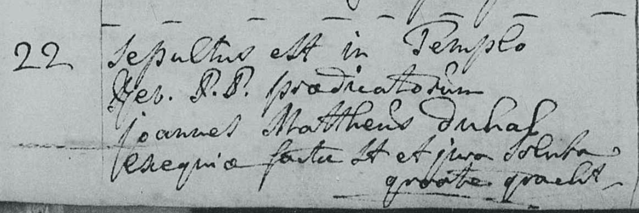 Joannes Matthias Duhal begraafboek