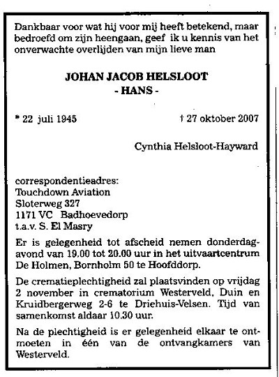 Johan Jacob Helsloot 1945 overlijdensadvertentie
