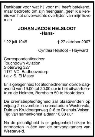 Johan Jacob Helsloot 1945 overlijdensadvertentie II