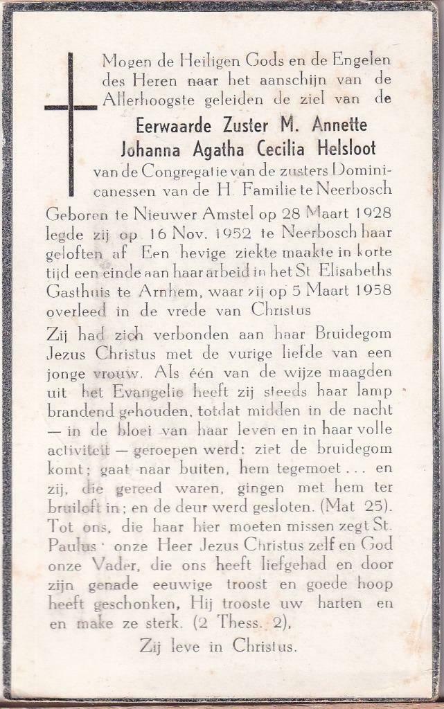 Johanna Agatha Cecilia Helsloot 1928 bidprentje