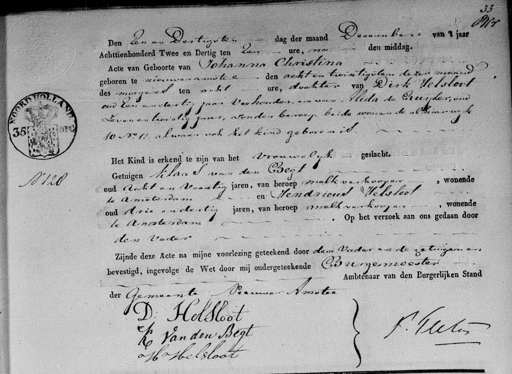Johanna Christina Helsloot 1832 geboorteakte
