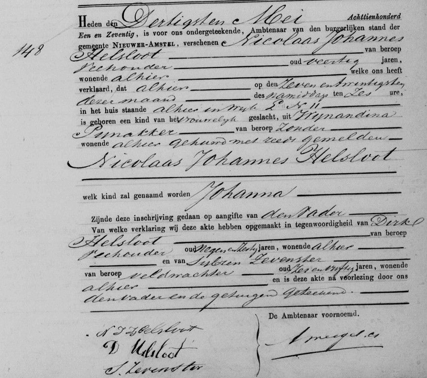 Johanna Helsloot 1871 geboorteakte