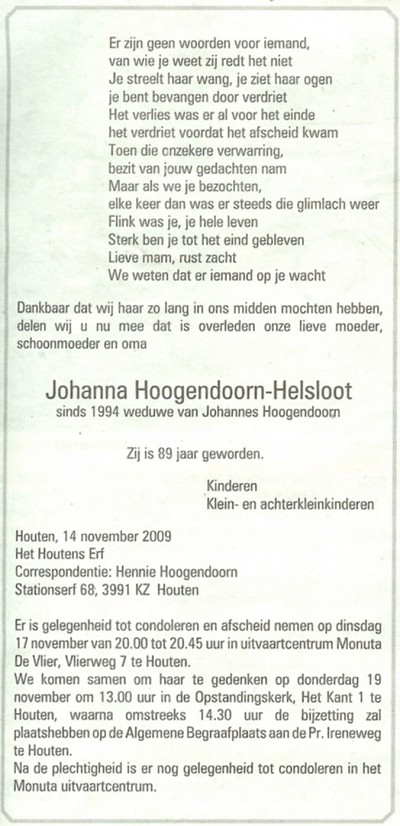 Johanna Helsloot 1920 overlijdensadvertentie